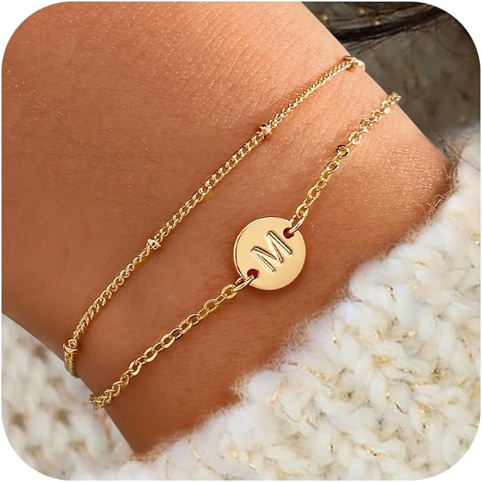 Valentines Day Gifts Initial Bracelets Gifts for Women Trendy - 18K Gold Plated Letter Bracelet Dainty Disc Monogram Charm Bracelet