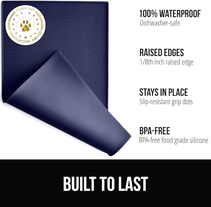 GORILLA GRIP 100% Waterproof Raised Edge BPA Free Silicone Pet Feeding Mat, Dog Cat Food Mats Contain Spills Protects Floors, Placemats for Cats and Dogs Water Bowl, Pets Accessories 28x18 Navy-PurrikoPets