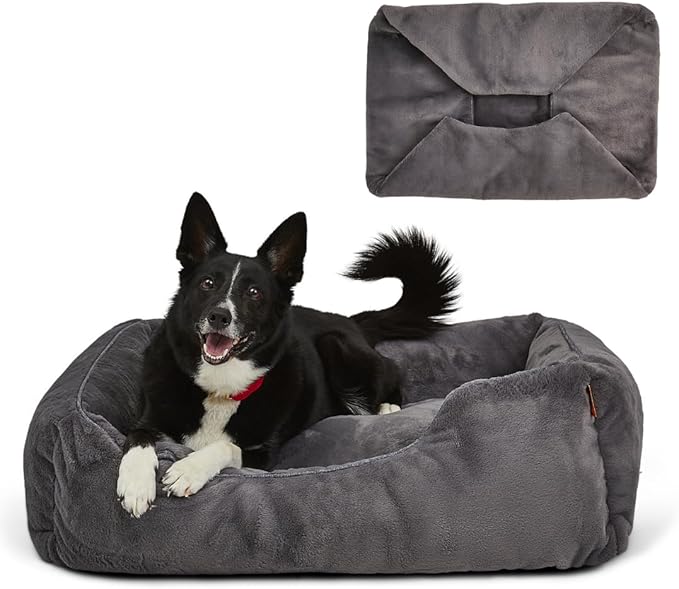 FUZI Luxury Aesthetic Dog Bed with Extra Cover for Large Dogs, Washable Pet Couch, Pet Bed with Sides, Non-Slip Bottom, Soft and Durable Calming Dog Bed, Faux Rabbit Fur, Large 35.6x28.5x9.5 Dark Grey-PurrikoPets