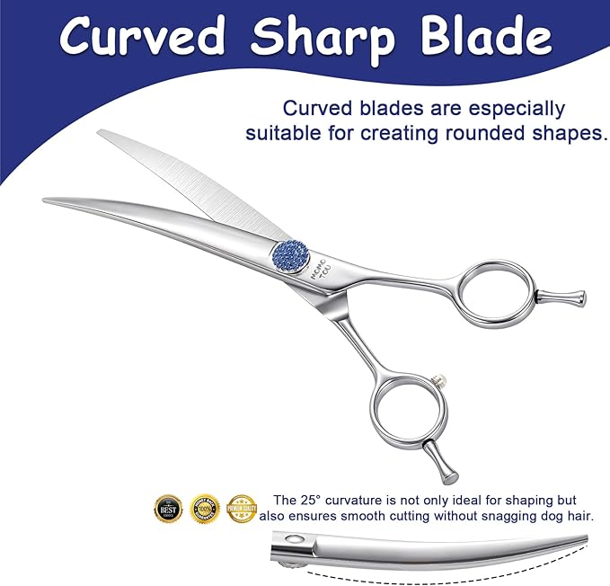 7'' Dog Grooming Scissors CNC 440C Blades Sharp and Durable Polished Curved Dog Shears with Blue Diamond Adustable Screws Easy to Use for Groomer and Home User-PurrikoPets
