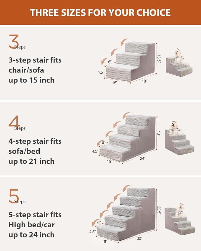 Dog Stairs for Small Dogs,13" H,3-Step Dog Steps for High Bed,Couch,Pet Stairs for Dogs and Cats Climbing with Non-Slip Bottom and Washable Cover,Light Grey-PurrikoPets