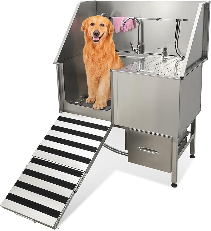50" Dog Washing Station, Professional Stainless Steel Pet Dog Bathing Station with Ramp, Faucet, Storage Drawer, Floor Grate Dog Bathtub for Large, Medium, Small Pets (Left Ramp)-PurrikoPets