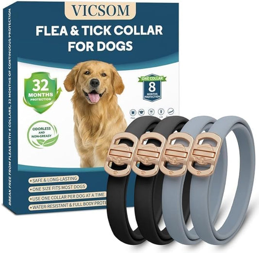 Flea and Tick Collar for Dogs 4 Pack, 32 Months Prevention, Waterproof, Adjustable for Small Medium Large Dogs Puppies (Black and Grey)-PurrikoPets