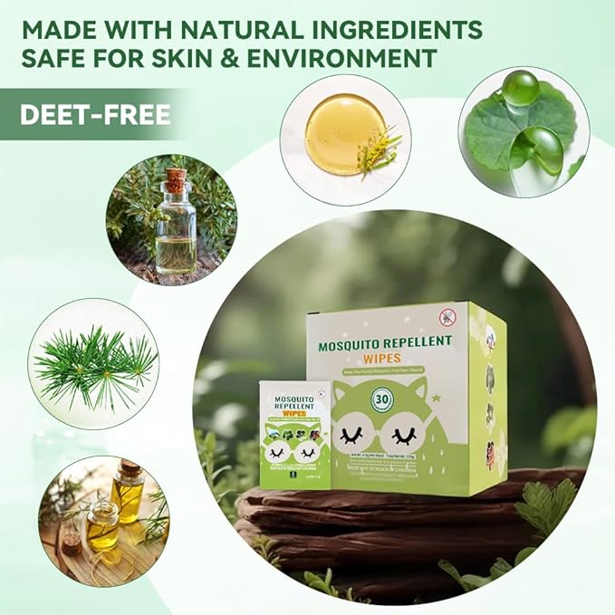 30 PCS Mosquito Repellent Wipes, Individually Wrapped Insect Repellent Wipes Made of Natural Plant-Based Essential Oils, Safe & Effective Insect Protection Perfect for Outdoor Activities, Long-Lasting-PurrikoPets
