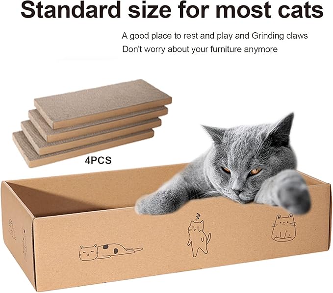 4 Packs in 1 Cat Scratch Pad with Box, Cat Scratcher Cardboard,Reversible,Durable Recyclable Cardboard, Suitable for Cats to Rest, Grind Claws and Play with Scratch Box-PurrikoPets