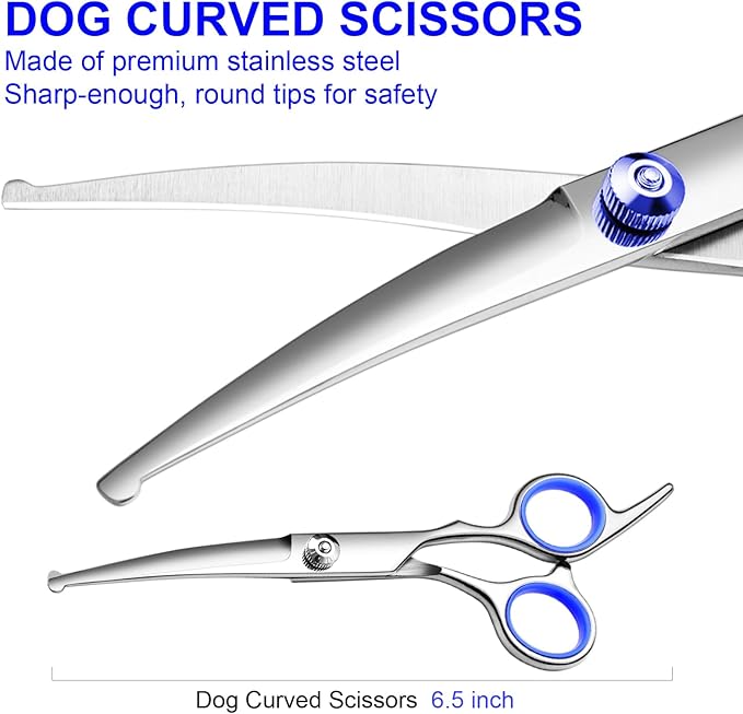 Professional Dog Grooming Scissors Kit, Titanium Coated Dog Scissors for Grooming, Grooming Shears Kit - Straight,Thinning, Curved Scissors and Comb for Dog Cat Pet (Blue 5 in 1)-PurrikoPets