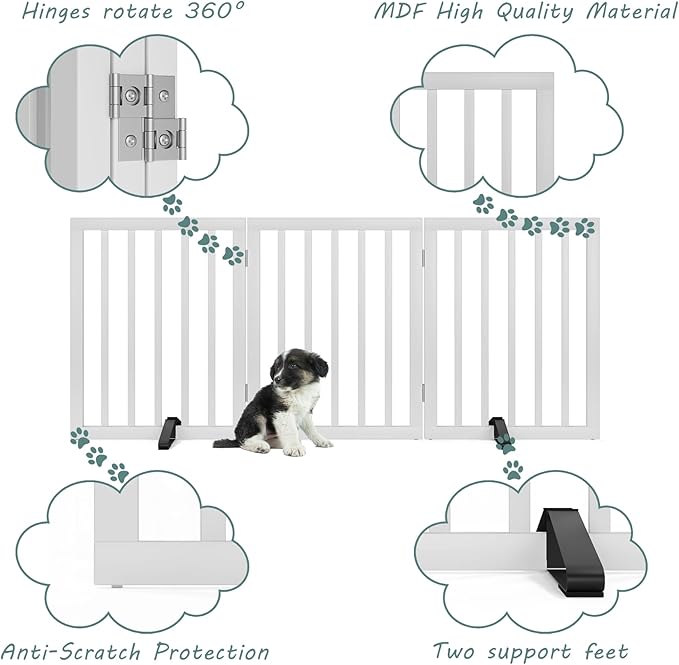 Dog Gates for The House Freestanding Foldable Pet Gates for Doorways 3 Panels 24'' Tall with 2PCS Support Feet Wooden White Dog Gate for Stairs-PurrikoPets