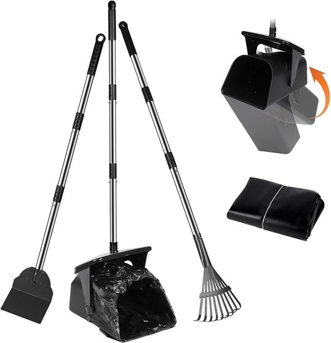Dog Poop Scooper with 20 Bag Attachment Long Handle Swivel Bin, Rake & Spade Heavy Duty Easy to Clean Pooper Scooper for Large Medium Dogs Pet Waste Removal Solution for Yard, Grass, Gravel-PurrikoPets