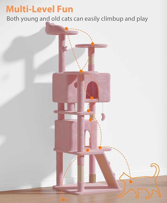 70'' Cat Tree Tower for Indoor Cats Large Adult,Cute/Tall Modern Cat Tree for Big Cats 20 lbs,Plush Multi-Level Cat Condo with Scratching Posts,Dangling Ball for Fun Play(Soft Pink, 70 inch)-PurrikoPets