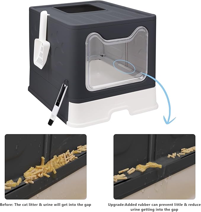 Foldable Cat Litter Box with Lid, Enclosed Potty, Large Top Entry Anti-Splashing Toilet, Easy to Clean Including Litter Scoop and 2-in-1 Cleaning Brush (Black)-PurrikoPets
