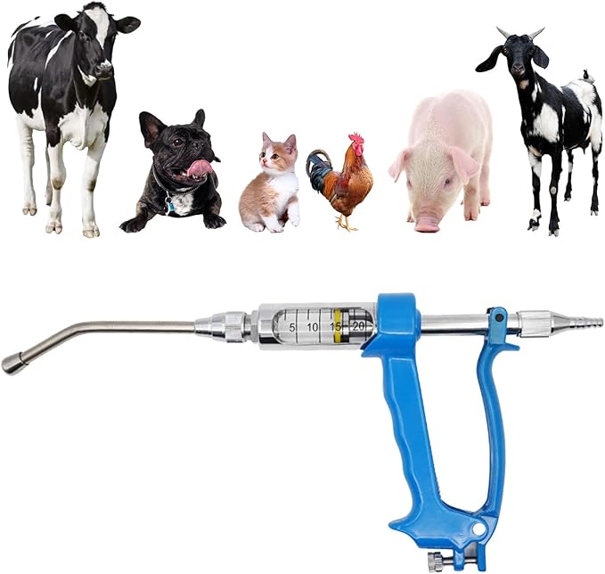 20ML Veterinary Metal Feeding Gun, Continuous Drench Gun Dosing Device Veterinary Adjustable Medicine Dispenser Husbandry Autonomous Feeding Tool, for Pig Cow, Sheep, Horse (Blue, 20ML No Bottle)-PurrikoPets