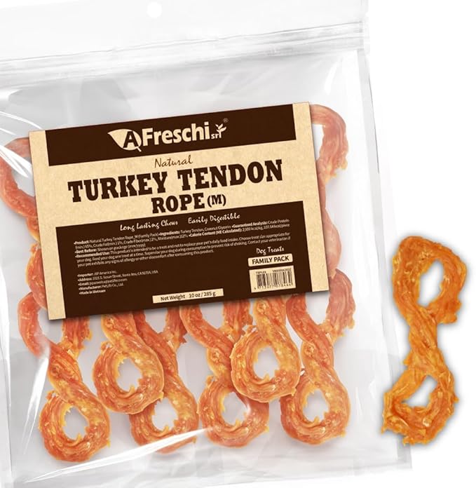 Afreschi Natural Turkey Tendon Rope (M) 10 oz Rope, USA-Sourced Turkey Tendon, All Natural Puppy Chew, Hypoallergenic, Rawhide Alternative, for Medium Breeds-PurrikoPets