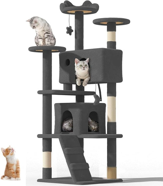 60" Cat Tree Tower for Indoor Cats Large Adult,Cute/Tall Modern Cat Tree for Big Cats 20 lbs, Plush Multi-Level Cat Condo with Scratching Posts,Dangling Ball (Smoky Gray, 60 inch)-PurrikoPets