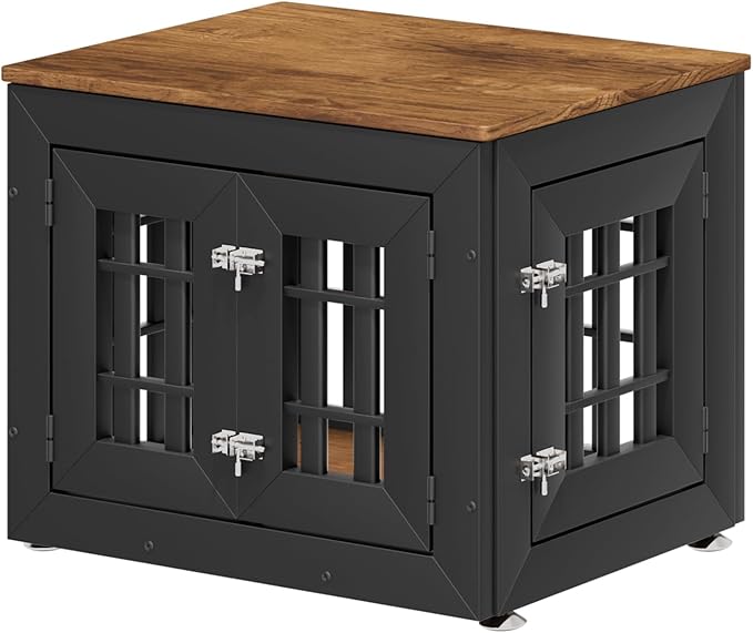26" Heavy Duty Dog Crate Furniture for Small,Medium and Large Dogs,Rustic Wooden Dog Cage Kennel Indoor Furniture with Waterproof Top,Decorative Pet House Side End Table (Black & Wood)-PurrikoPets