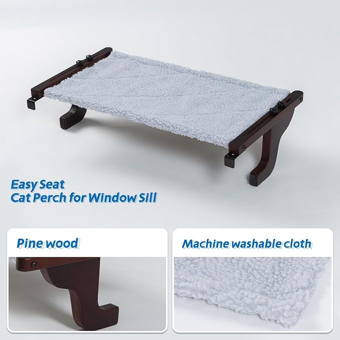 Easy Seat Cat Perch for Window Sill - Hammock Design w/Premium Wood & Robust Metal Frame - Cat Window Seat for Large Cats and Kittens (Dark Stained Wood w/Gray Bed, Medium (23''W x 14''D))-PurrikoPets