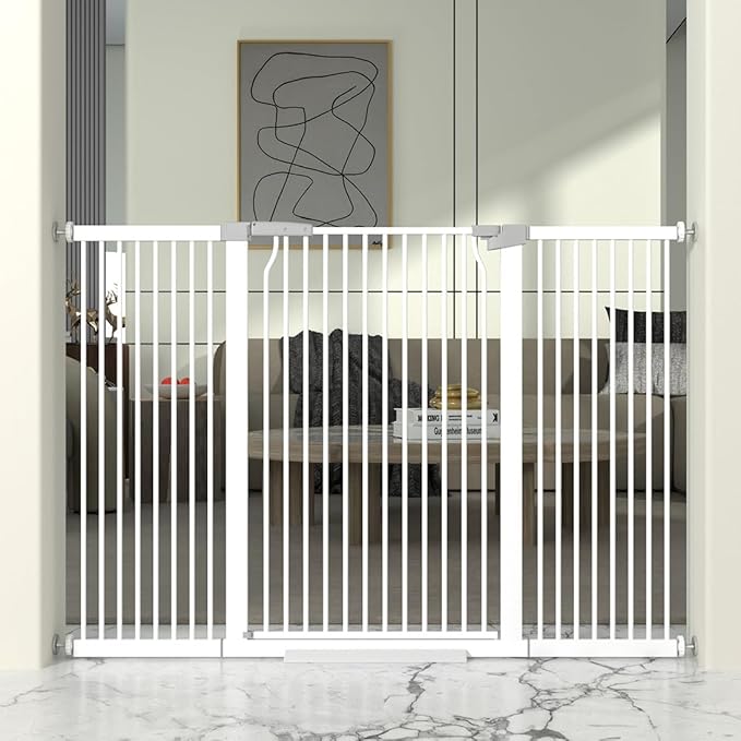 41" Extra Tall Cat Gate for Doorway, 54.5-60.2'' Metal Pet Baby Safe Gate, Extra Wide Pressure Mounted Child Door with Expansion Kit, No Drilling Baby Gate Indoor, No Climb Proof Gate, White-PurrikoPets