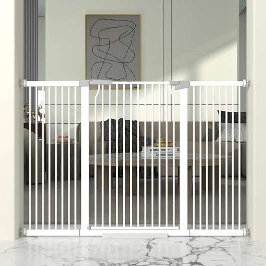 41" Extra Tall Cat Gate for Doorway, 54.5-60.2'' Metal Pet Baby Safe Gate, Extra Wide Pressure Mounted Child Door with Expansion Kit, No Drilling Baby Gate Indoor, No Climb Proof Gate, White-PurrikoPets