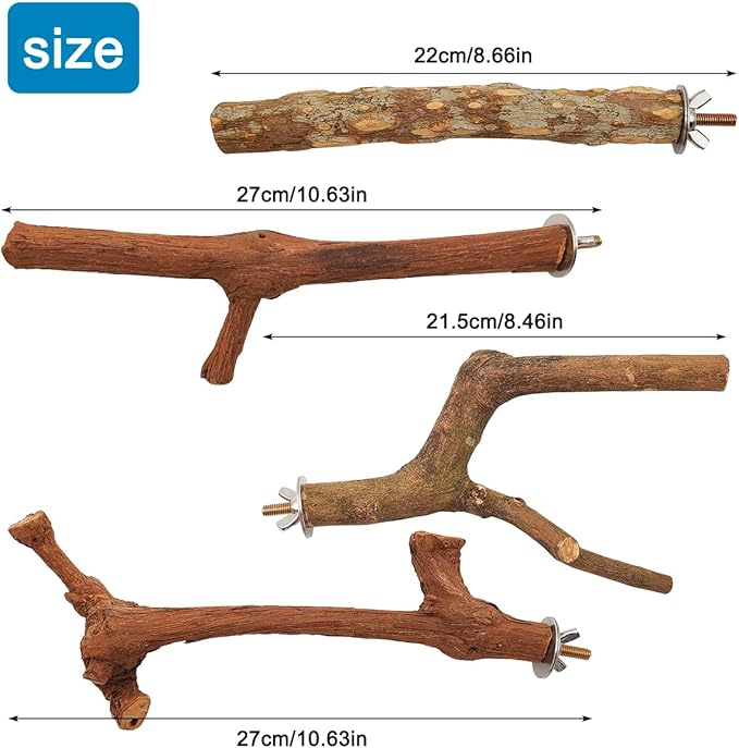 4 Pcs Natural Wooden Bird Perch Parrot Stand, 2 Grape Wood Perches, A Stand Fork Standing Branch, A Paw Grinding Fork, Bird Cage Accessories for Parakeets, Birdcage Sticks & Toys for Budgies, Finches-PurrikoPets