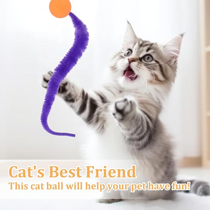 6 Pcs Bouncy Ball for Cats, Colorful Fuzzy Bouncy Cat Worm Toy Ball Fuzzy Worms (Balls Colors are Random)-PurrikoPets