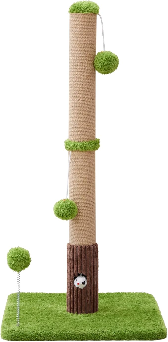 33" Tall Cat Scratching Post for Indoor Cats, Premium Sisal Scratch Posts with Cat Toys and Fun Mouse Holer for Cats at All Ages, Scratcher Tree with Reinforced Stable Base (Green)-PurrikoPets