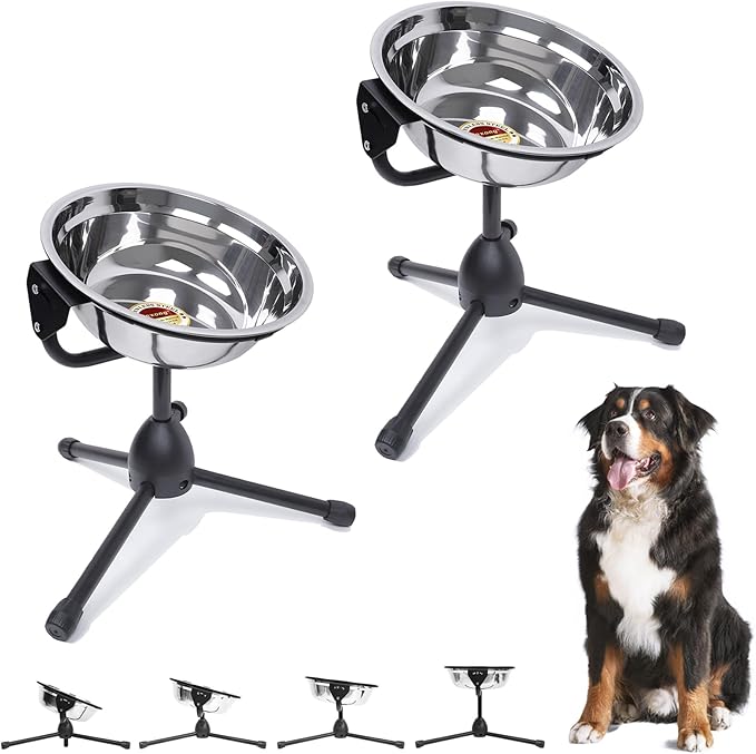 2 Pack Elevated Dog Bowls with Adjustable Metal Stand,Large Size for Dogs Between 60 and 100 lbs, 0.8 Gal 3 Liter,Stainless Steel Dog Food Water Bowl,Height Adjustable Non-Slip Raised Dog Bowl Set-PurrikoPets