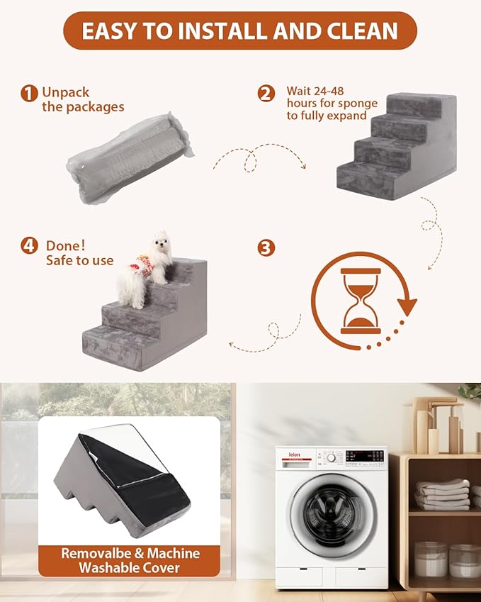 Dog Stairs for Small Dogs,17.5" 4-Step Pet Stairs for High Beds and Couches，Dog Steps with Non-Slip Bottom and High-Density Foam Indoor Outdoor,Grey-PurrikoPets
