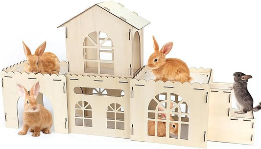 Extra Large Bunny Castle Hideout, Wooden Bunny House and Hideouts Detachable Rabbits Hideaway, Indoor Rabbit Castles Sturdy Small Animal Play Hideaway Hut for Rabbits, Guinea Pigs, Chinchillas-PurrikoPets