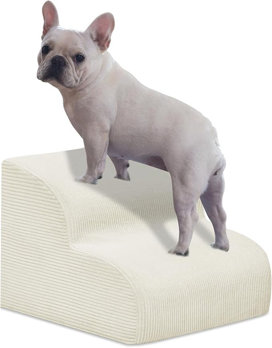 Dog Stairs & Steps for High Beds, 2 Steps High Density Foam Waterproof Dog Ramp for Small Dogs and Cats, Pet Stairs with Washable Cover for Bed, Couch, Sofa and Car, Beige (H: 11.8")-PurrikoPets