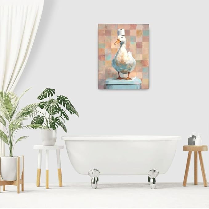 Funny Duck Bathroom Wall Art Cute Duck on Toilet Canvas Wall Decor Funny Quirky Farm Animal Pictures Painting Print Framed Artwork Decorations Gifts for Bathroom 16"x20"-PurrikoPets