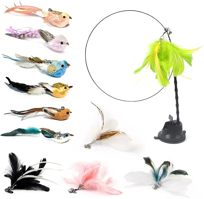 12PCS Interactive Cat Feather Wand Toy Set – 11 Bird & Feather Teaser Refills with Bells + Flexible Suction Cup Wand – Realistic Bird Design, Natural Materials, Indoor Cat Toys for Exercise & Play-PurrikoPets