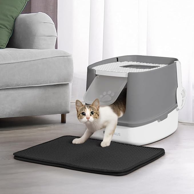 Fully Enclosed Cat Litter Box w/Lid, Scoop, Cat Mat & Odor Fitter, Large Plastic Cat Toilet with Double Door, Anti-Splashing Cat Litter Box with Lockable Front Door, Dark Grey-PurrikoPets