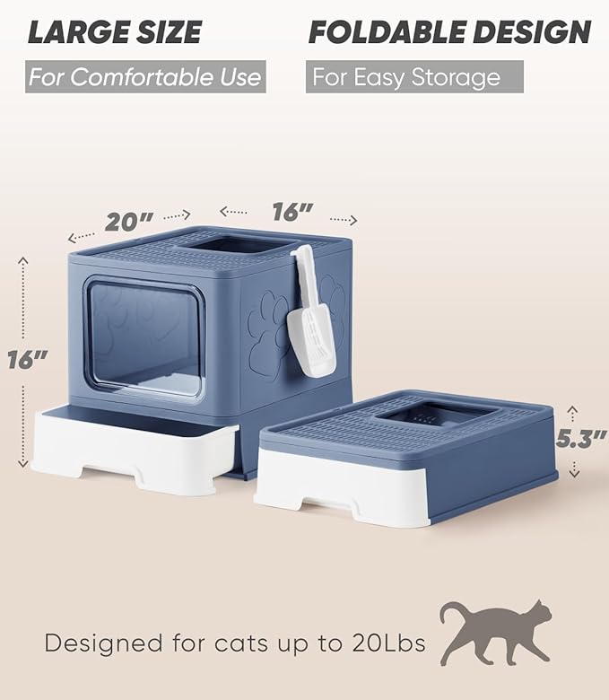 Enclosed Cat Litter Box, Large Litter Box for Big Cats, Covered Kitty Litter Boxes with Lid, Top Entry Cat Box Enclosure with Scoop, Odor Control, Easy to Clean(Blue)-PurrikoPets