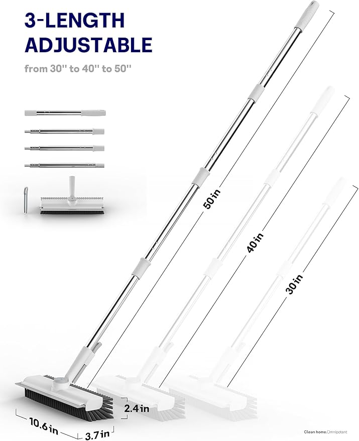 Floor Scrub Brush with Long Handle, 3 in 1 Scrape and Heavy-Duty Stiff Bristle Floor Scrubber Brush with Squeegee and Tweezer for Cleaning Tile Wall Deck Bathroom Patio Garage Kitchen (White)-PurrikoPets