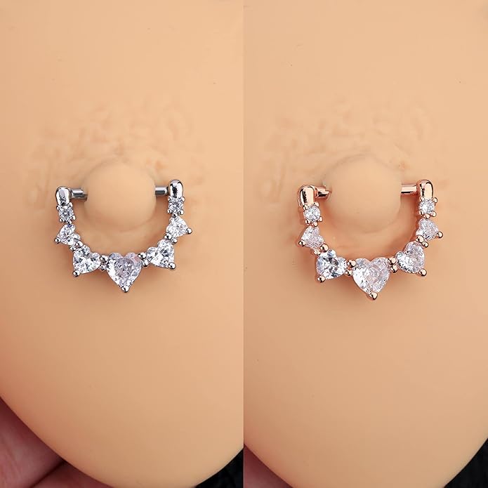 Melighting 2pcs 14G Nipple Rings Surgial Steel 316L Piercing Jewelry Shiny Heart Clear CZ Nipple Bars Rose Gold 14mm