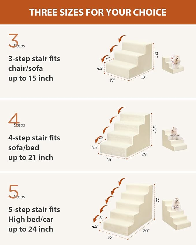 Dog Stairs for Small Dogs,13" H,3-Step Dog Steps for High Bed,Couch,Pet Stairs for Dogs and Cats Climbing with Non-Slip Bottom and Washable Cover,Beige-PurrikoPets