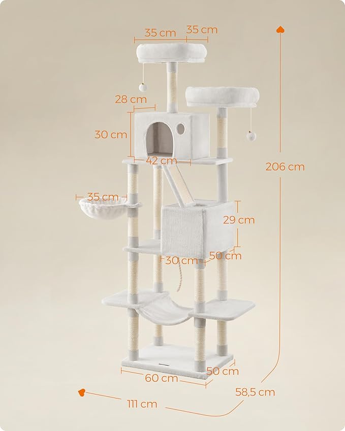 Feandrea Cat Tree, 81.1-Inch Large Cat Tower with 13 Scratching Posts, 2 Perches, 2 Caves, Basket, Hammock, Pompoms, Multi-Level Plush Cat Condo for Indoor Cats, Cream White UPCT190T01-PurrikoPets