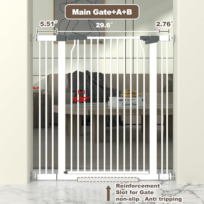 41" Extra Tall Baby Gate for Doorway, 32.6-40.5'' Metal Pet Baby Safe Gate, Extra Wide Pressure Mounted Child Door with Expansion Kit, No Drilling Cat Fence Indoor, No Climb Cat Proof Gate, White-PurrikoPets