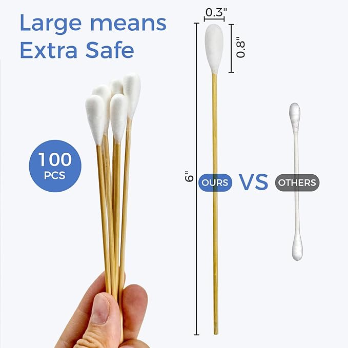 GOLD HONEY 6 Inch Large Cotton Swabs, 100PCS Dog Ear Swabs with Bamboo Handle for Dogs, Pet-Specific, Gentle Design, Lint-Free, Canine Cotton Stick Ear Cleaning-PurrikoPets