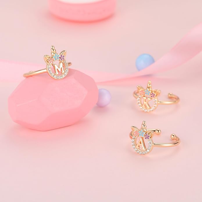 Unicorn Rings Gifts for Girls - Adjustable Initial Ring Dainty Cute Unicorn Rings for Girl Teens Little Girls Jewelry Birthday Gift