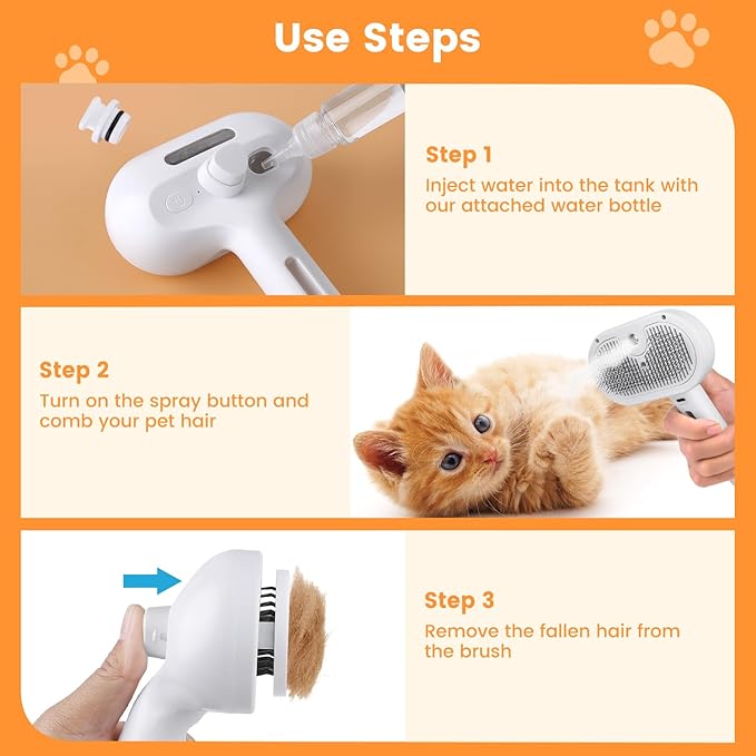 3 in 1 Cat Steam Brush, Pet Steam Brush for Cat Dog Long Short Haired, Pet Spray Hair Removal Comb for Small Animals Shedding & Grooming, Water Mist Spray Brushes with Release Button(White)-PurrikoPets