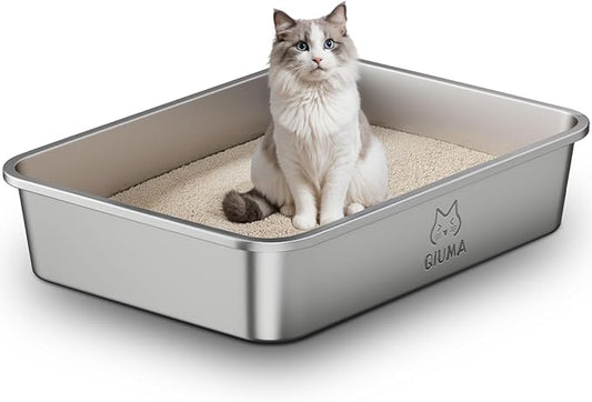 Extra Large Stainless Steel Cat Litter Box, 27.5" L×19.6" W×5.9" H, XXL Metal Kitty Litter Pan with High Sides, Odor-Free, Non-Stick, Easy to Clean, Ideal for Big Cats & Multi-Cat-PurrikoPets