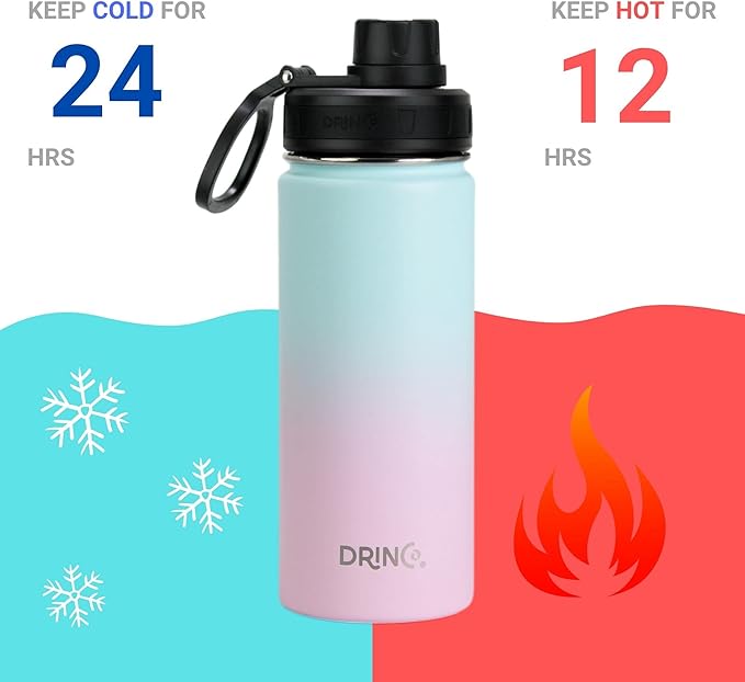 DRINCO Stainless Steel Water Bottle Spout Lid Vacuum Insulated Double Wall Water Bottle Wide Mouth (40oz 32oz 22oz 18oz 14oz) Leak Proof Keeps Cold or Hot (18 oz, 18oz Macaron)-PurrikoPets