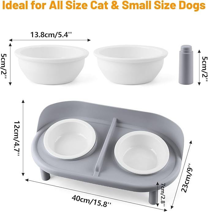 Elevated Cat Bowls, Tilted Rised Cat Food and Water Bowl with 2 Pcs Ceramic Pet Bowls, Rised Stand, Pet Dish Anti Vomiting Feeding Station for All Sized Cats & Small Dogs (Grey)-PurrikoPets