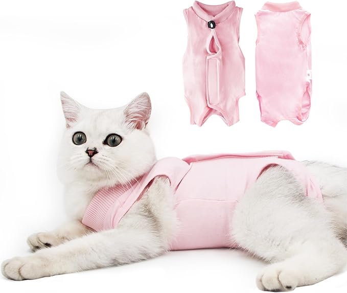 DOTON Cat Recovery Suit for Male and Female Surgical Post Surgery Soft Cone Onesie Shirt Clothes Neuter Licking Protective Diapers Outfit Cover Kitten Spay Collar(M, Pink)-PurrikoPets