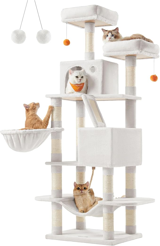Feandrea Cat Tree, 66.1-Inch Large Cat Tower with 13 Scratching Posts, 2 Perches, 2 Caves, Basket, Hammock, Pompoms, Multi-Level Plush Cat Condo for Indoor Cats, Cream White UPCT165T01-PurrikoPets