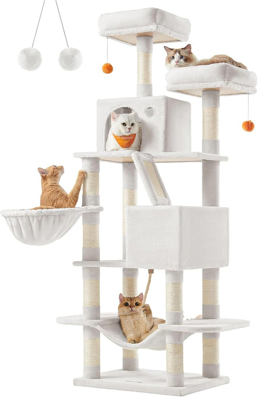Feandrea Cat Tree, 66.1-Inch Large Cat Tower with 13 Scratching Posts, 2 Perches, 2 Caves, Basket, Hammock, Pompoms, Multi-Level Plush Cat Condo for Indoor Cats, Cream White UPCT165T01-PurrikoPets
