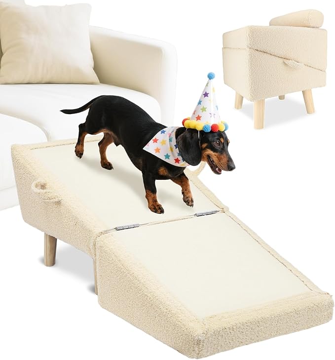Dog Stairs for Small Dogs and Cats – 2-in-1 Dog Ramp for Bed and Couch, 16.5'' Foldable Wooden Pet Steps, Sturdy Multi-Use Split Ottoman Design, Beige-PurrikoPets