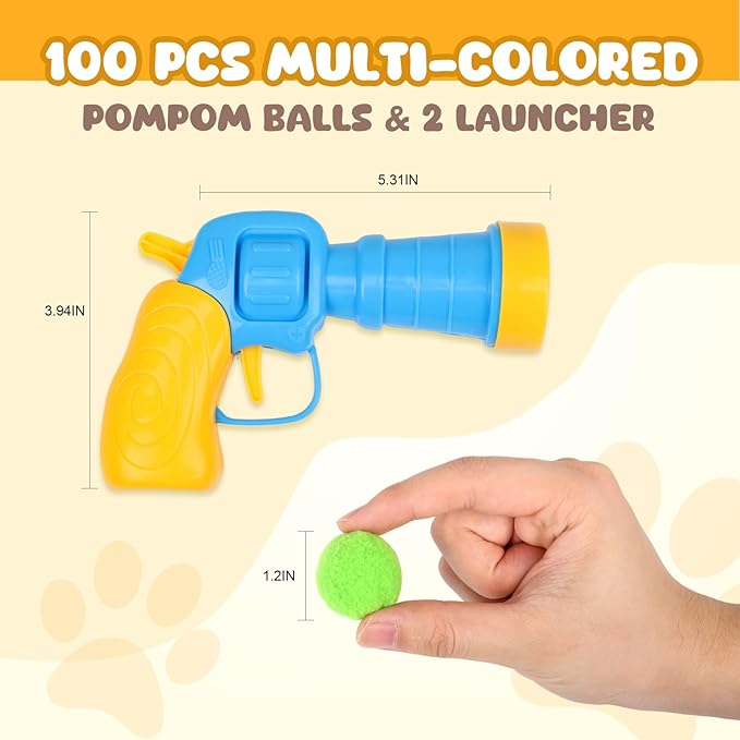 100Pcs Cat Toys Pom Pom Balls with 2 Launchers Set, Interactive Cat Toy Stuff for Indoor Both Adult & Kitten Toys-PurrikoPets