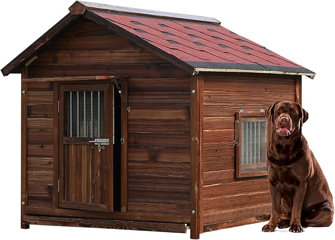 Extra Large Dog House Outdoor Made of Solid Pine Wood, Warm Doghouse, Dog House with Elevated Floor for Large Dogs, (Wood, 7XL)-PurrikoPets