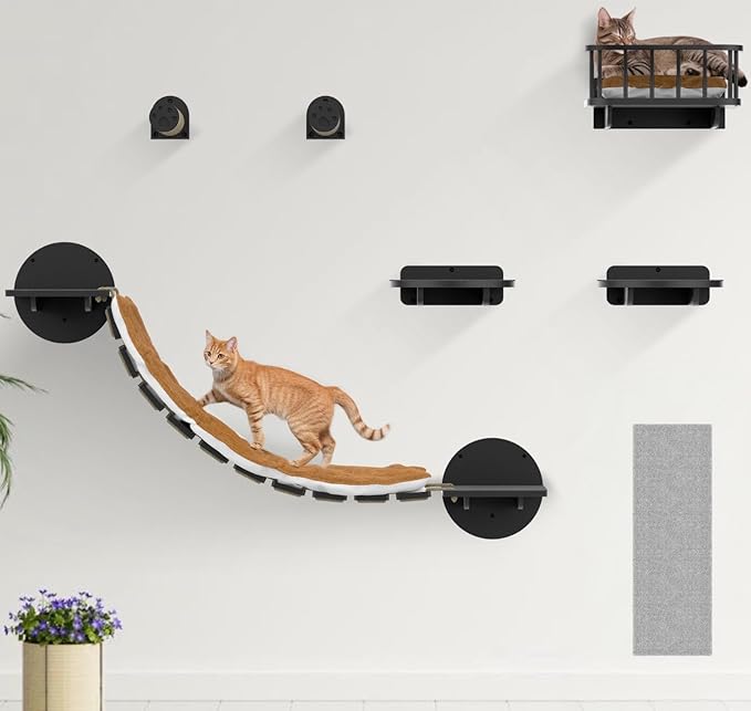 FURRY VIBES Cat Wall Shelves & Perches – 7-in-1 Cat Wall Furniture Set with Bed, Climbing Steps, Scratcher & Bridge Ladder – Black Bamboo Wall Cat Shelf for Indoor Cats-PurrikoPets